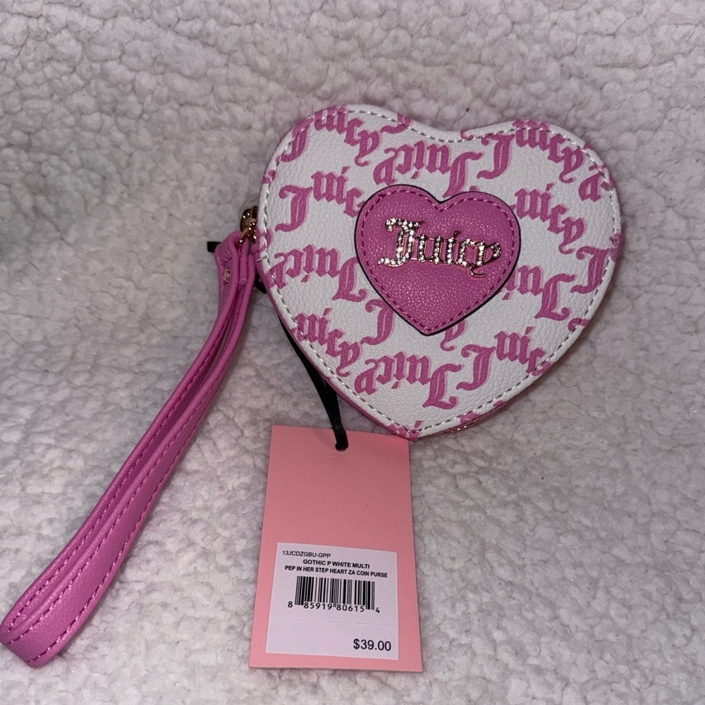 NWT Juicy Couture Pep in Her Step Heart Zip Coin Purse in Pink & White